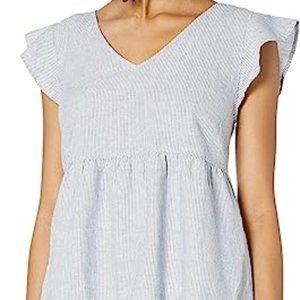 Goodthreads Washed Linen Blend Flutter Sleeve Dress in blue stripe, small